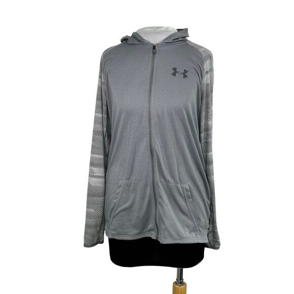 Under Armour Youth XL Loose Fit Gray HeatGear Hoodie Jacket With Patterned Sleev - Picture 1 of 5